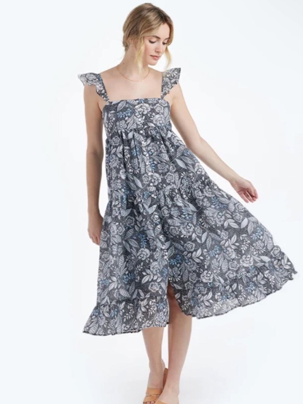 Summersalt The Tiered Ruffle Floral Square-Neck Midi Dress Blue Black size large